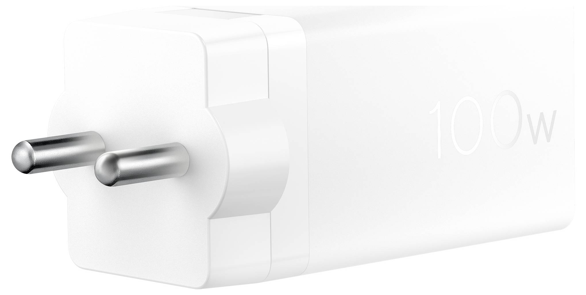 Een witte USB-C wandoplader met '100W' aangegeven aan de zijkant, met een compacte vormgeving en een tweepins stekker.