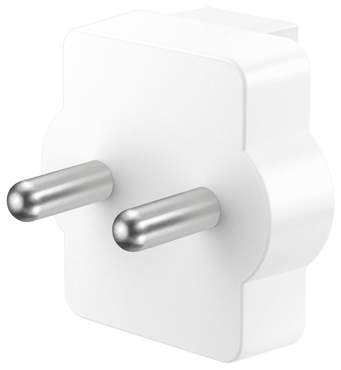 Een witte, tweepins elektrische stekkeradapter met metalen pinnen, ontworpen voor Europese stopcontacten.