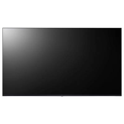 Een groot, plat zwart scherm met een dunne rand, dat lijkt op een moderne televisie of monitor, getoond tegen een witte achtergrond.