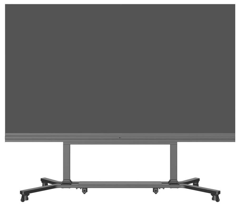 'Een groot, leeg flatscreen-beeldscherm gemonteerd op een mobiele standaard, klaar voor presentatie of interactief gebruik in een vergadering of klaslokaal.'