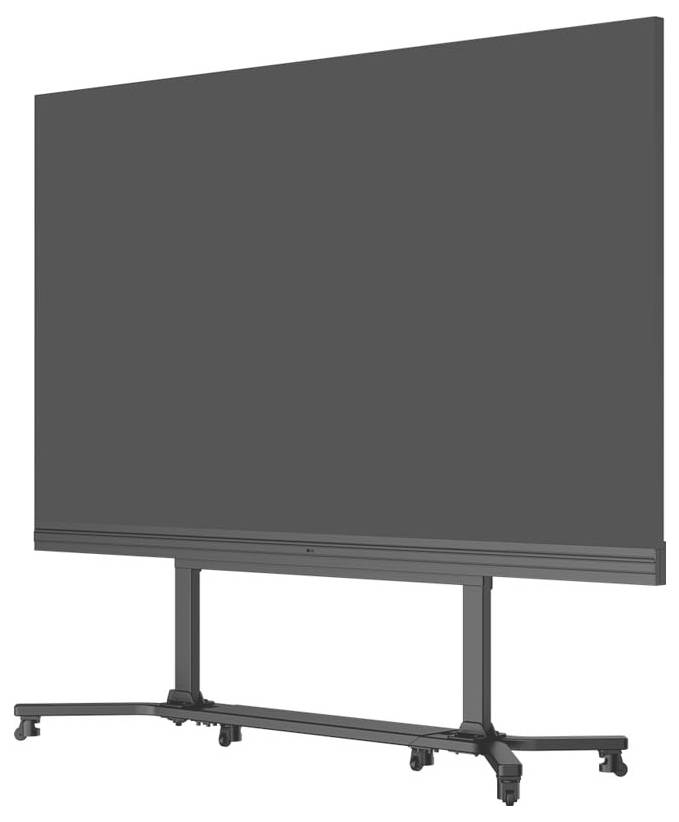 Groot mobiel grijs scherm op een verrolbaar statief, geschikt voor presentaties of displays.