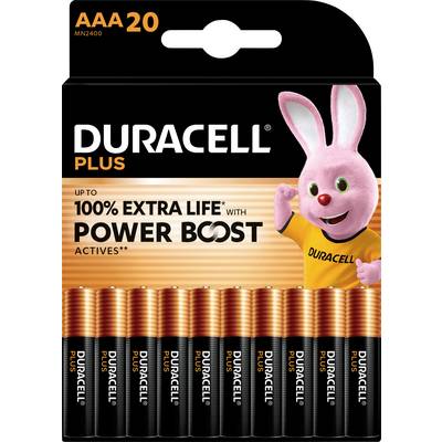 Een verpakking met 20 AAA Duracell Plus batterijen, die wordt gepromoot met een roze Duracell-konijn en de tekst 'tot wel 100% extra levensduur'.