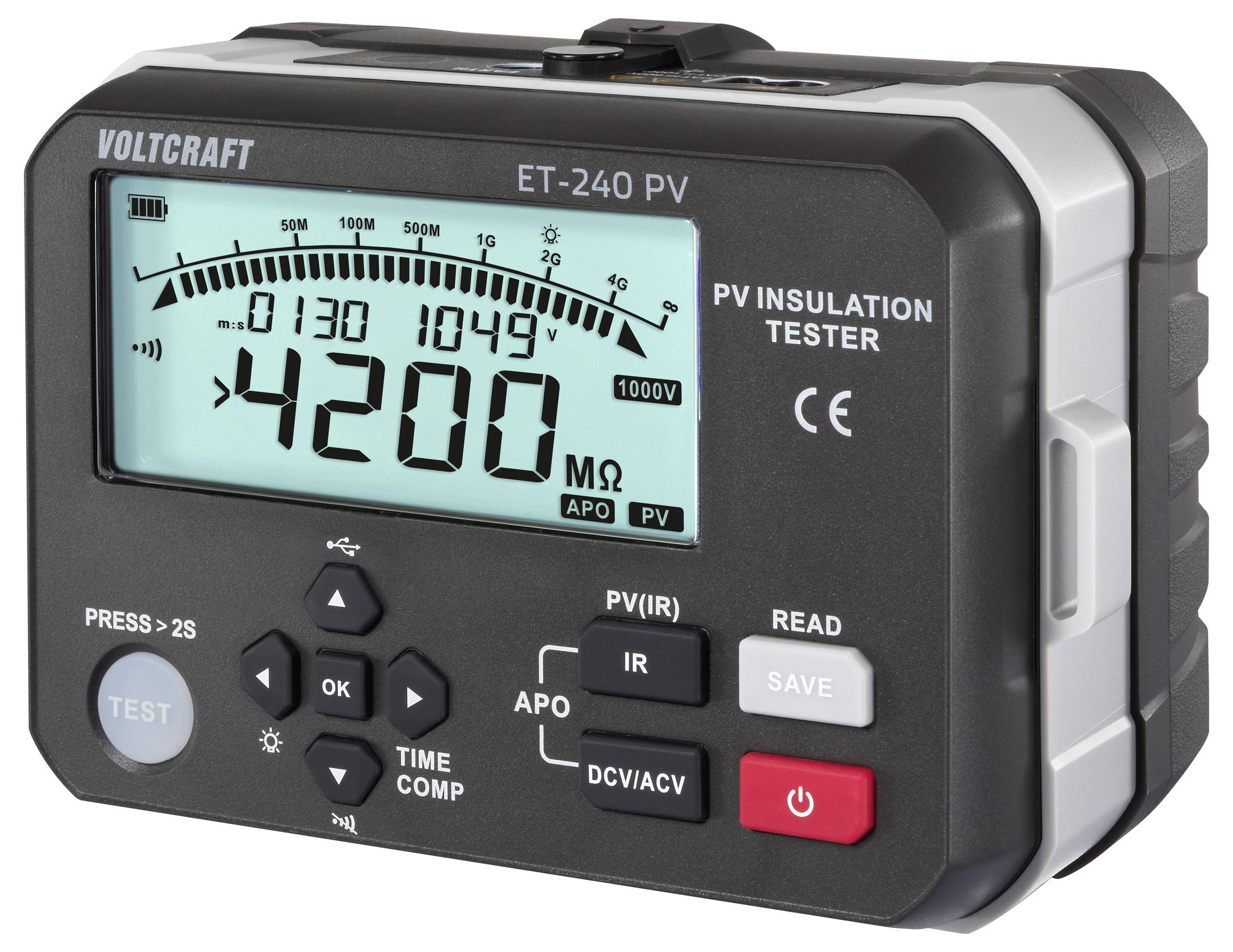 Een digitale isolatietester met '4200 MΩ' op het scherm weergegeven. Knoppen voor testen, opslaan en modusaanpassingen zijn zichtbaar.