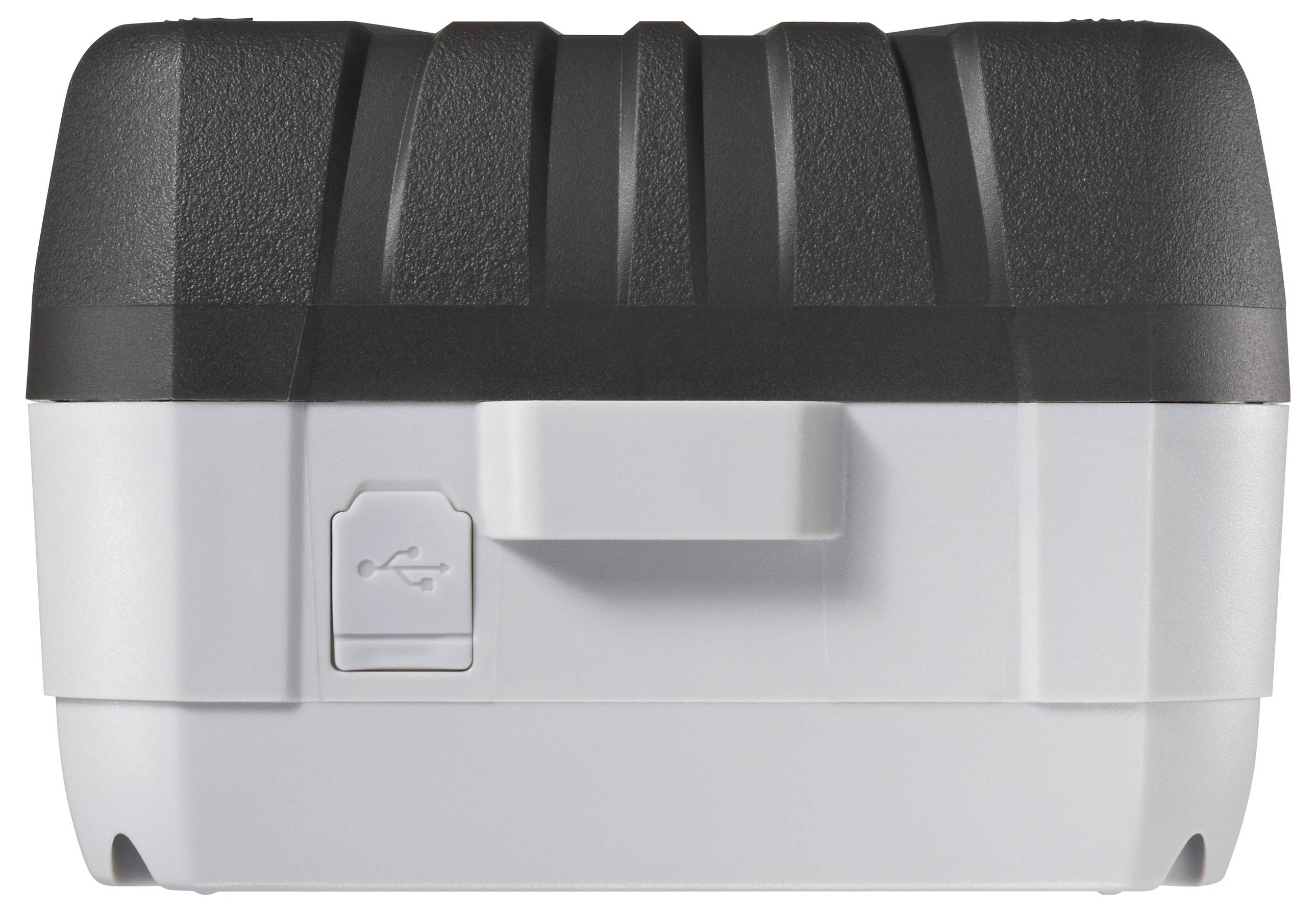 Een compact, rechthoekig apparaat met een zwarte gestructureerde bovenkant en een gladde witte onderkant met een USB-poortsymbool aan de zijkant.