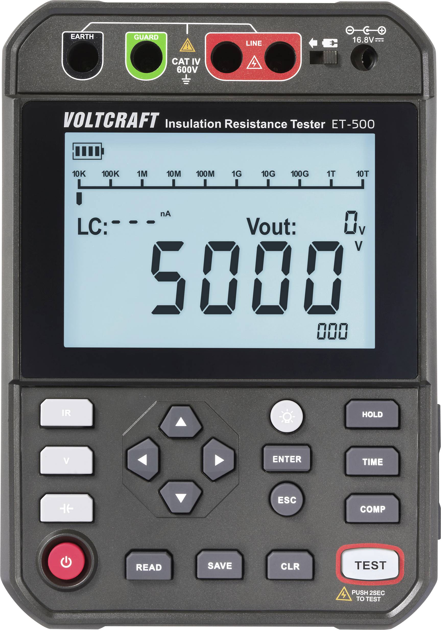 'Voltcraft Isolatieweerstandstester ET-500' toont een aflezling van 5000. Het apparaat toont verschillende knoppen en instellingen aan de onderkant.