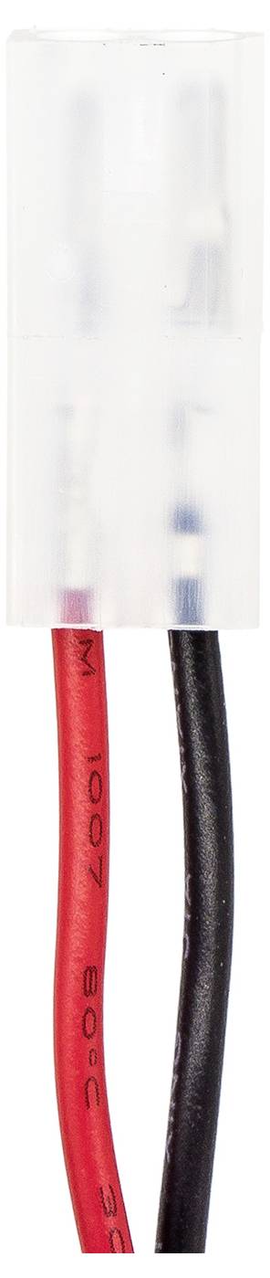 Een kunststof stekker met rode en zwarte kabel, geschikt voor elektrische verbindingen.