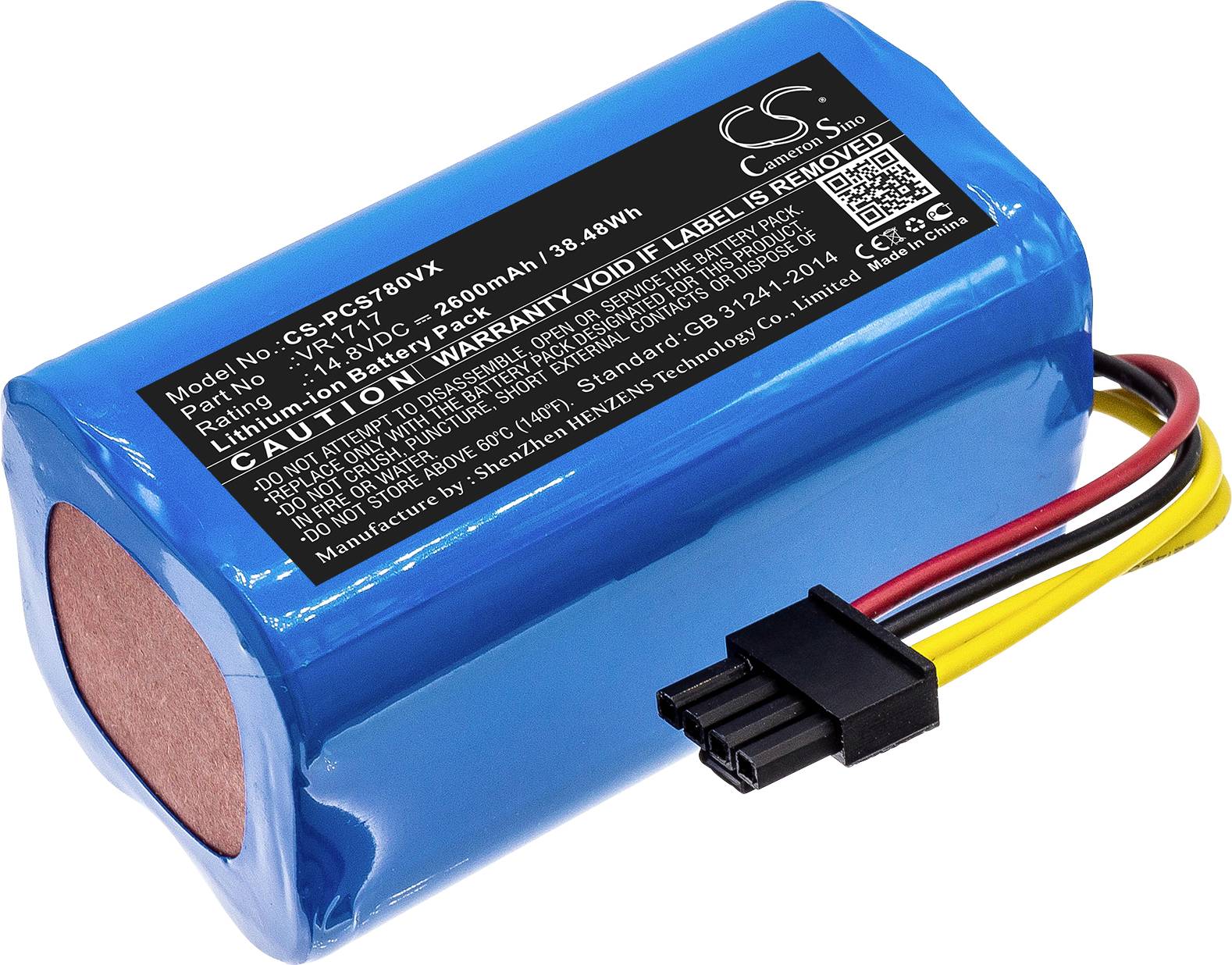 Blauwe lithium-ion accu met etiket waarop technische gegevens staan. Aansluitingen met zwarte, rode en gele kabels zichtbaar.