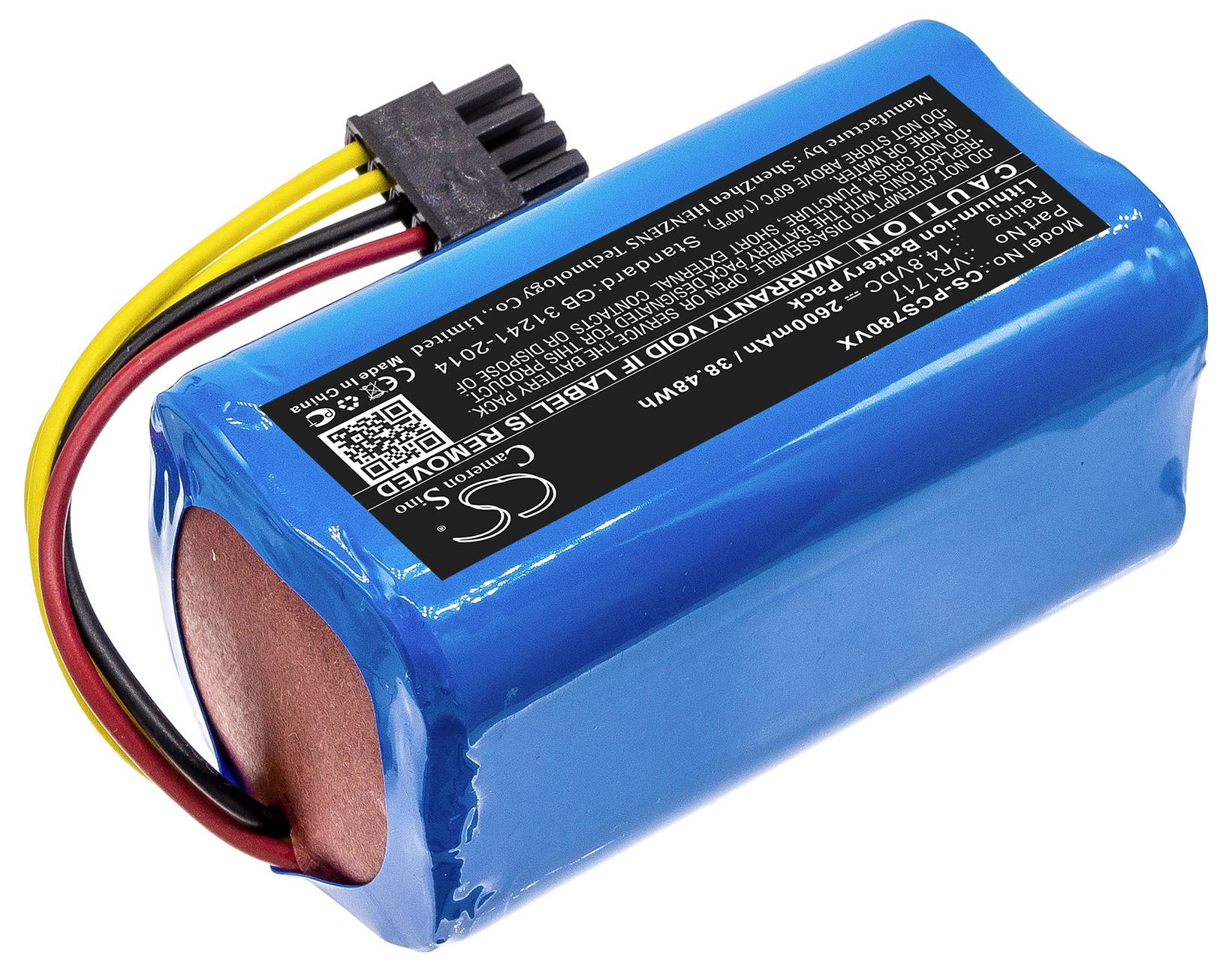 Cilindrische blauwe batterijpack met zwart etiket en meerkleurige kabels, geschikt voor elektronische apparaten.