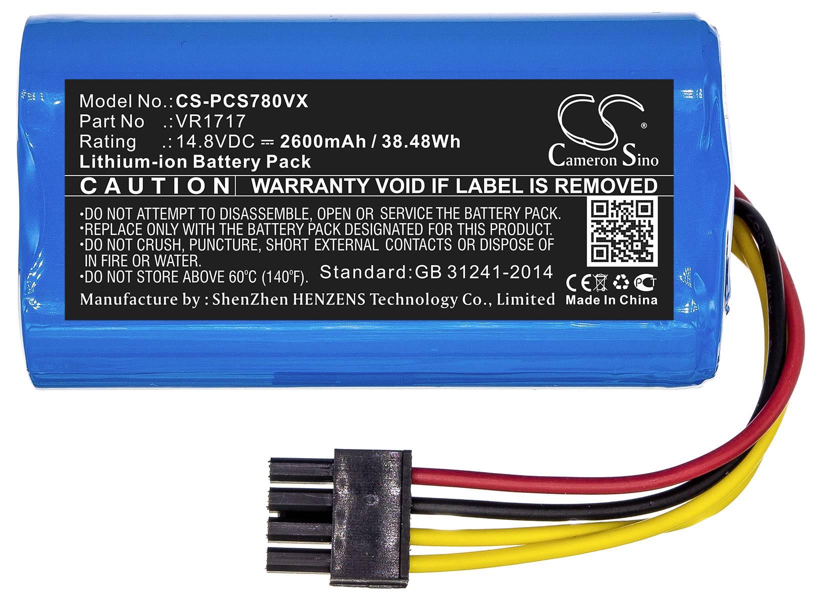 Een blauwe lithium-ion accu met kabel, capaciteit 2600mAh, spanning 14,8V. Waarschuwing: Label niet verwijderen, garantie vervalt.