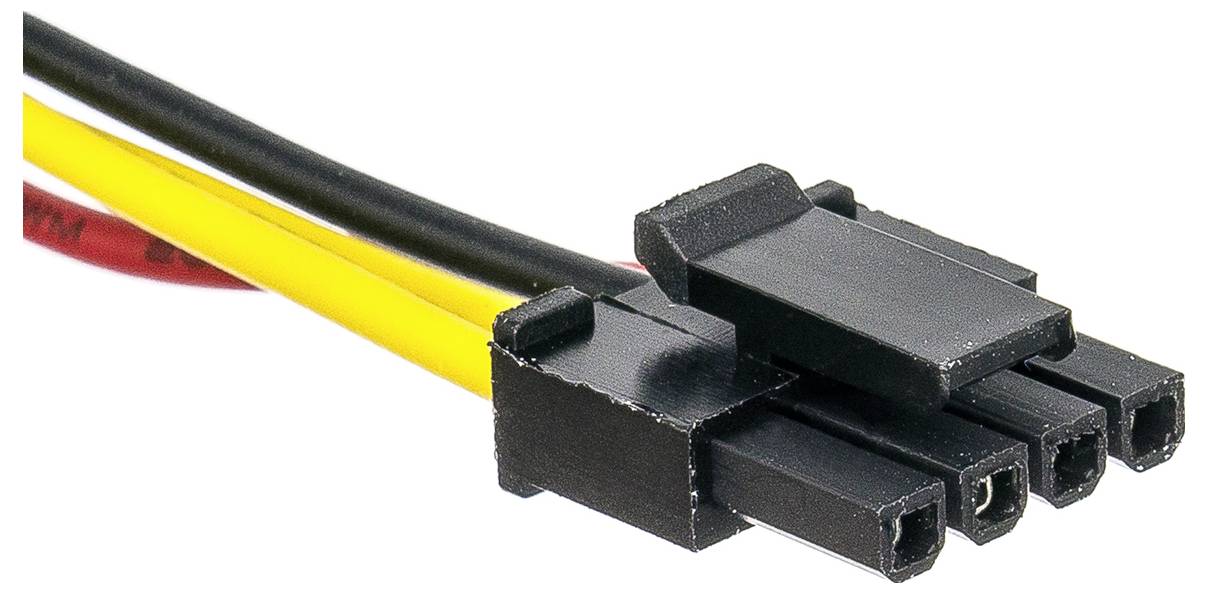 Zwarte 4-polige Mini-Fit Jr. connector met gele, zwarte en rode kabels.