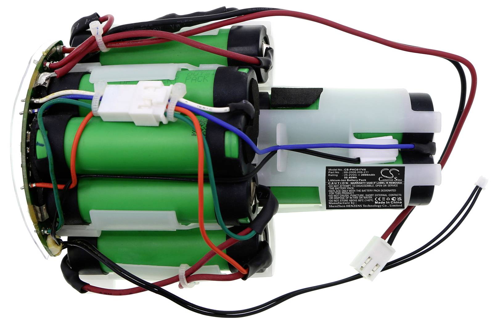 Batterijpakket met groene cellen en rode, blauwe en zwarte kabels; toont aansluitingen en zwarte bevestiging.