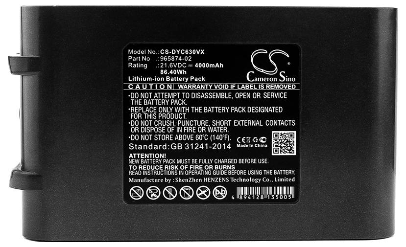 Zwarte batterijpack met wit etiket, gespecificeerd voor model CS-DYC630VX, 4000mAh, waarschuwingen betreffende veiligheid en gebruiksaanwijzing.
