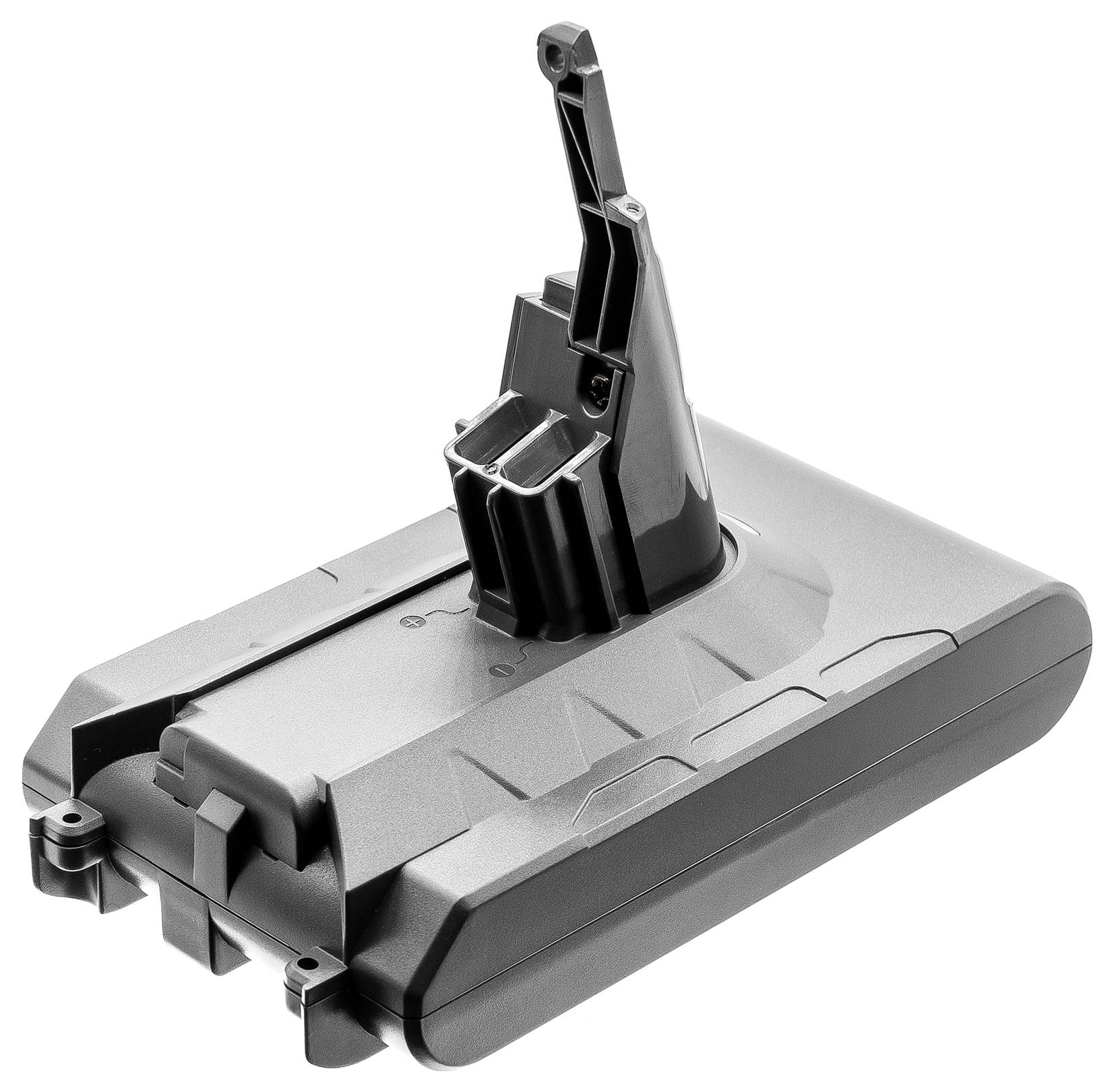 Een grijze accu, vermoedelijk voor een draadloze stofzuiger, met een verticaal clipmechanisme bovenaan.