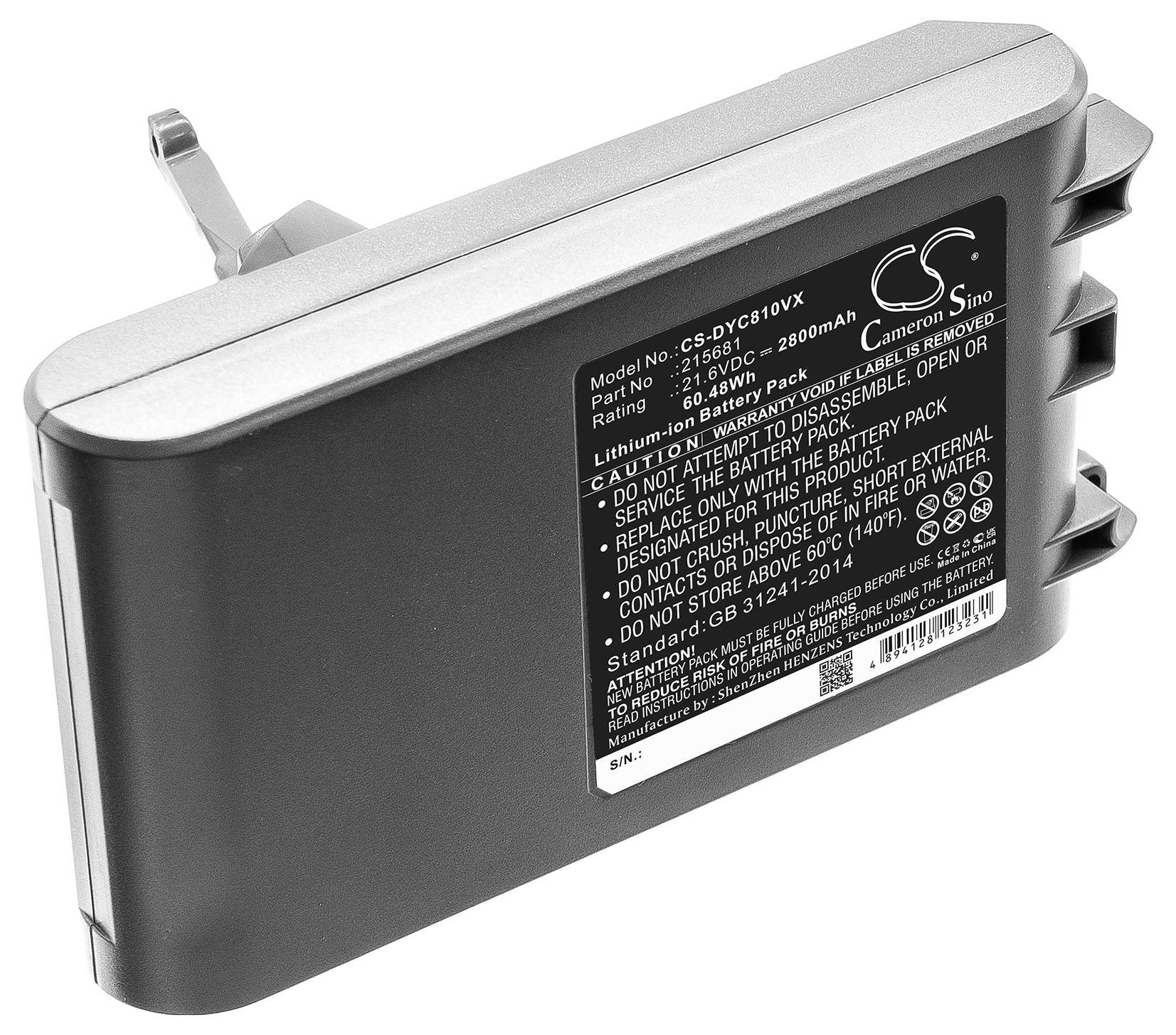 Zwarte lithium-ion accu met witte opdruk, inclusief technische details zoals 2800mAh capaciteit en 14,8V spanning.