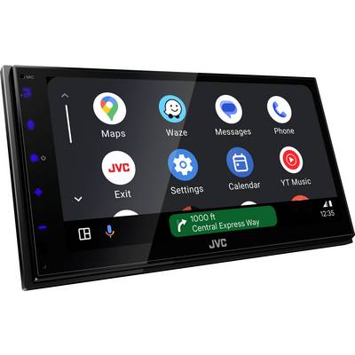 Een autoradiodisplay toont apps zoals Maps, Waze, Berichten en Telefoon. Een navigatie-instructie '1000 ft Central Express Way' wordt weergegeven.