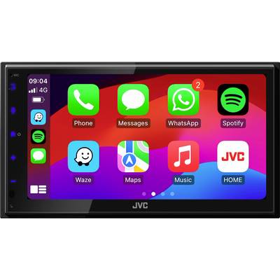 Touchscreenscherm van een autoradio met app-symbolen: Telefoon, Berichten, WhatsApp (met 2 berichten), Spotify, Waze, Kaarten, Muziek, JVC Home. Tijd 09:04, 4G-signaal linksboven.