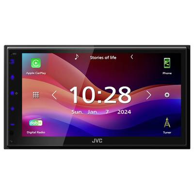 Autoradio-display met tijdstip '10:28', datum 'Zo, 7 jan. 2024', en apps zoals Apple CarPlay, Digitale Radio en Tuner zichtbaar.