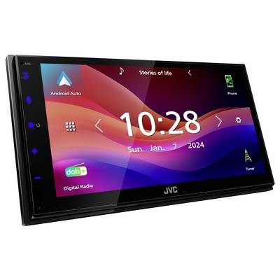 Een autoradioscherm met weergave van de tijd 10:28, datum 7 januari 2024, en apps zoals Android Auto en digitale radio.