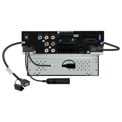 Achterkant van een audioapparaat met diverse kabelaansluitingen, waaronder gele, rode en witte aansluitingen, een USB-kabel en GPS-antenne.