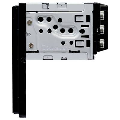 Radio- of multimediaeenheid met bevestiging, zijaanzicht. Metalen frame met ventilatiesleuven en schroefpunten zichtbaar.