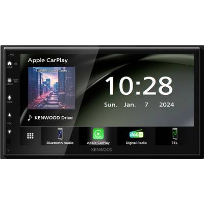Autoradio-display toont 'Kenwood Drive' met datum 7 januari 2024. Tijd: 10:28. Functies: Bluetooth Audio, Apple CarPlay, Digitale Radio, Telefoon.