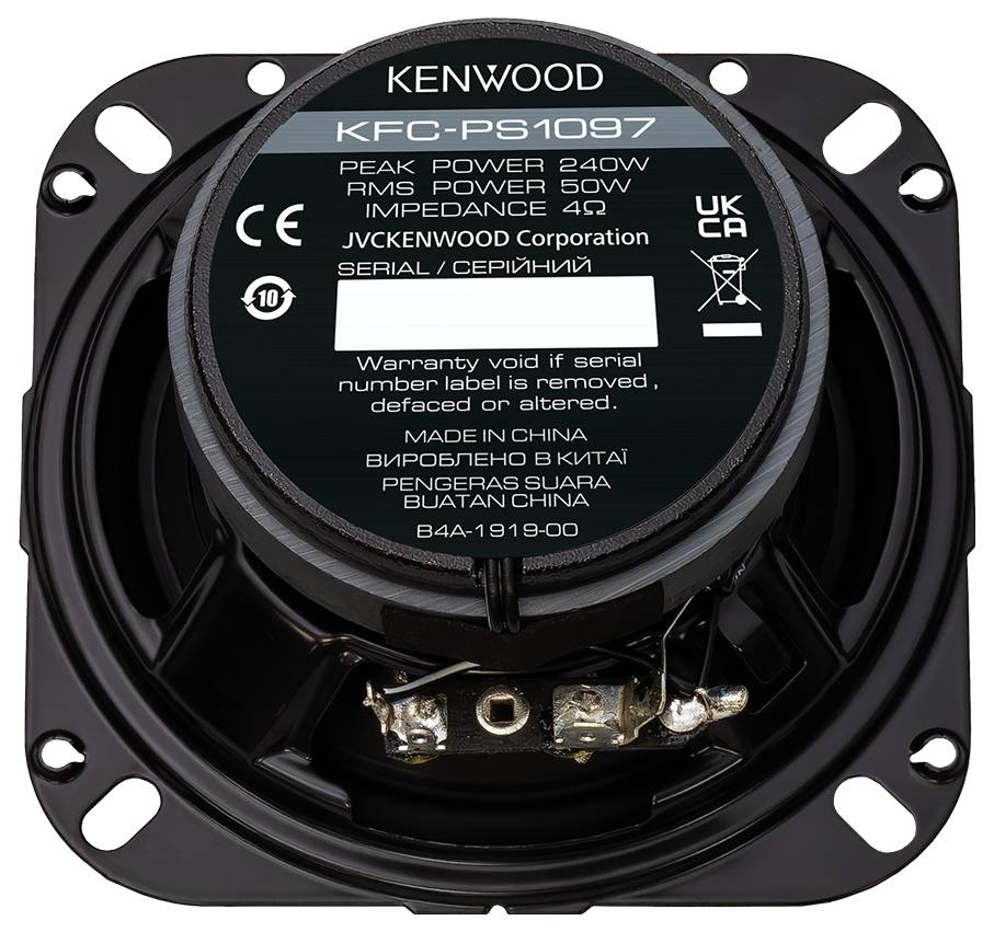 'Achterkant van een Kenwood-luidspreker Model KFC-PS1097 met technische details: 240W piekvermogen, 50W RMS, 4Ω impedantie.'