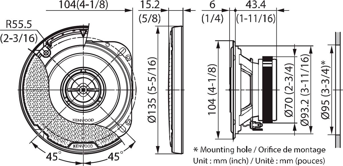 Technische tekening van een luidspreker met afmetingen in millimeters en inches. Toont inbouwhoek, diameter en diepte.