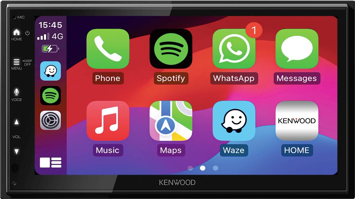 Touchscreen-autoradio-menu met apps: Telefoon, Spotify, WhatsApp, Berichten, Muziek, Kaarten, Waze. Signaalsterkte en tijd linksboven.