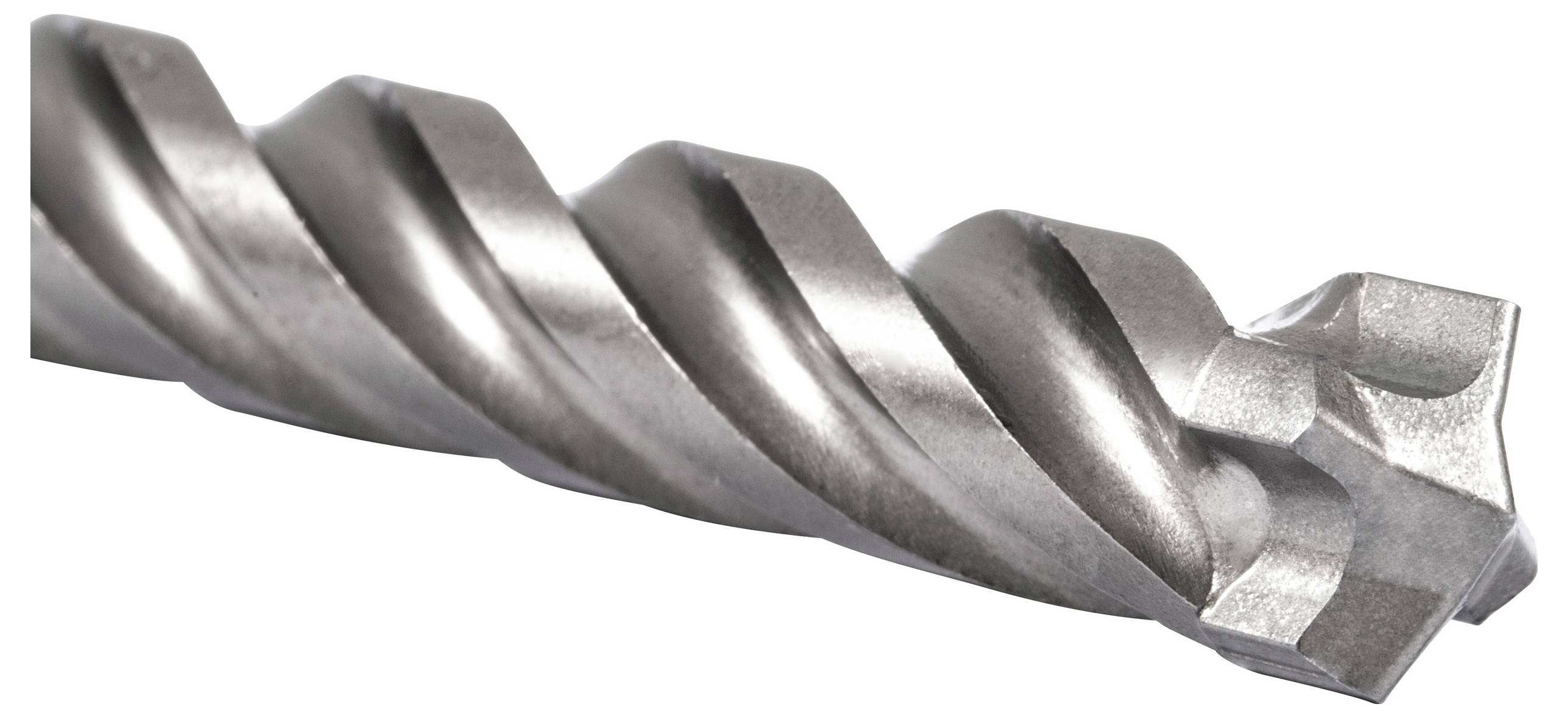 Close-upfoto van een metalen boor met een gedraaid ontwerp, waarbij scherpe snijranden en een puntige punt zichtbaar zijn, gebruikt voor het boren in harde oppervlakken.
