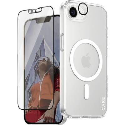Transparante telefoonhoes en screenprotector voor een smartphone. Op de achtergrond een persoon met zonnebril en oranje jas.