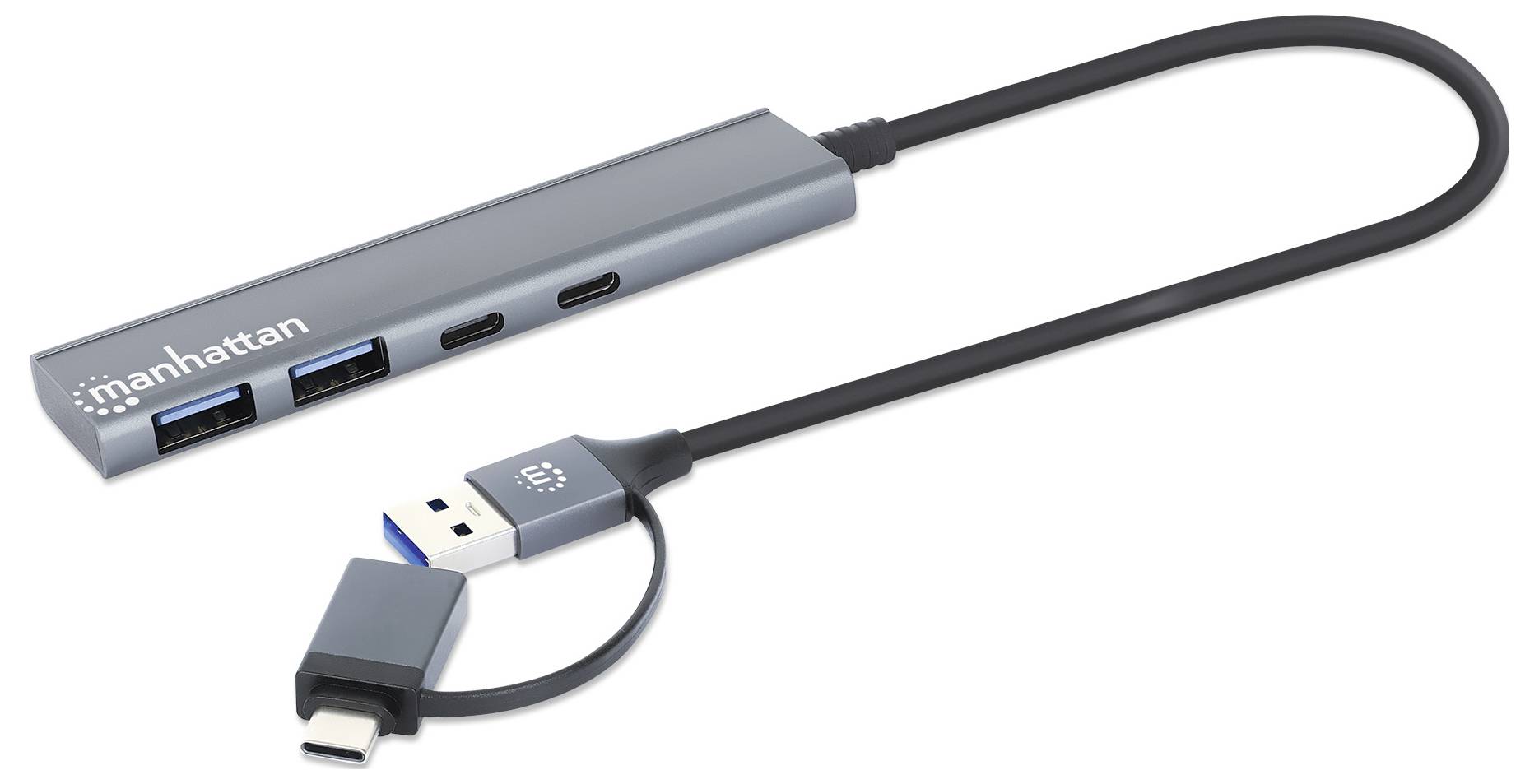 Een grijze USB-hub met meerdere poorten en een aangesloten adapterkabel. 'Manhattan' merk zichtbaar op de hub.