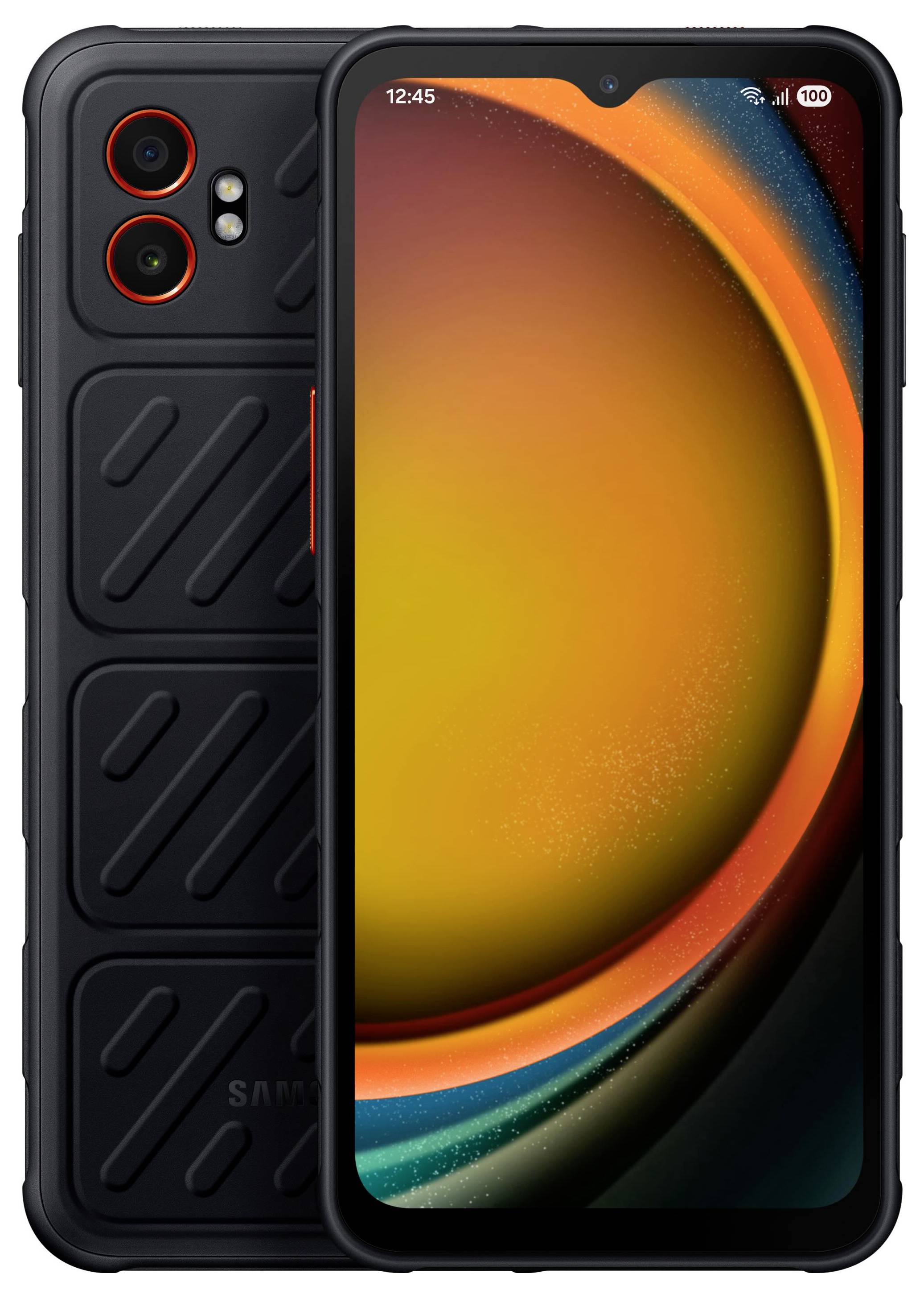 Zwart smartphone met een gestructureerd achterontwerp en een groot display. Toont een zonnige, oranje grafiek op het scherm.