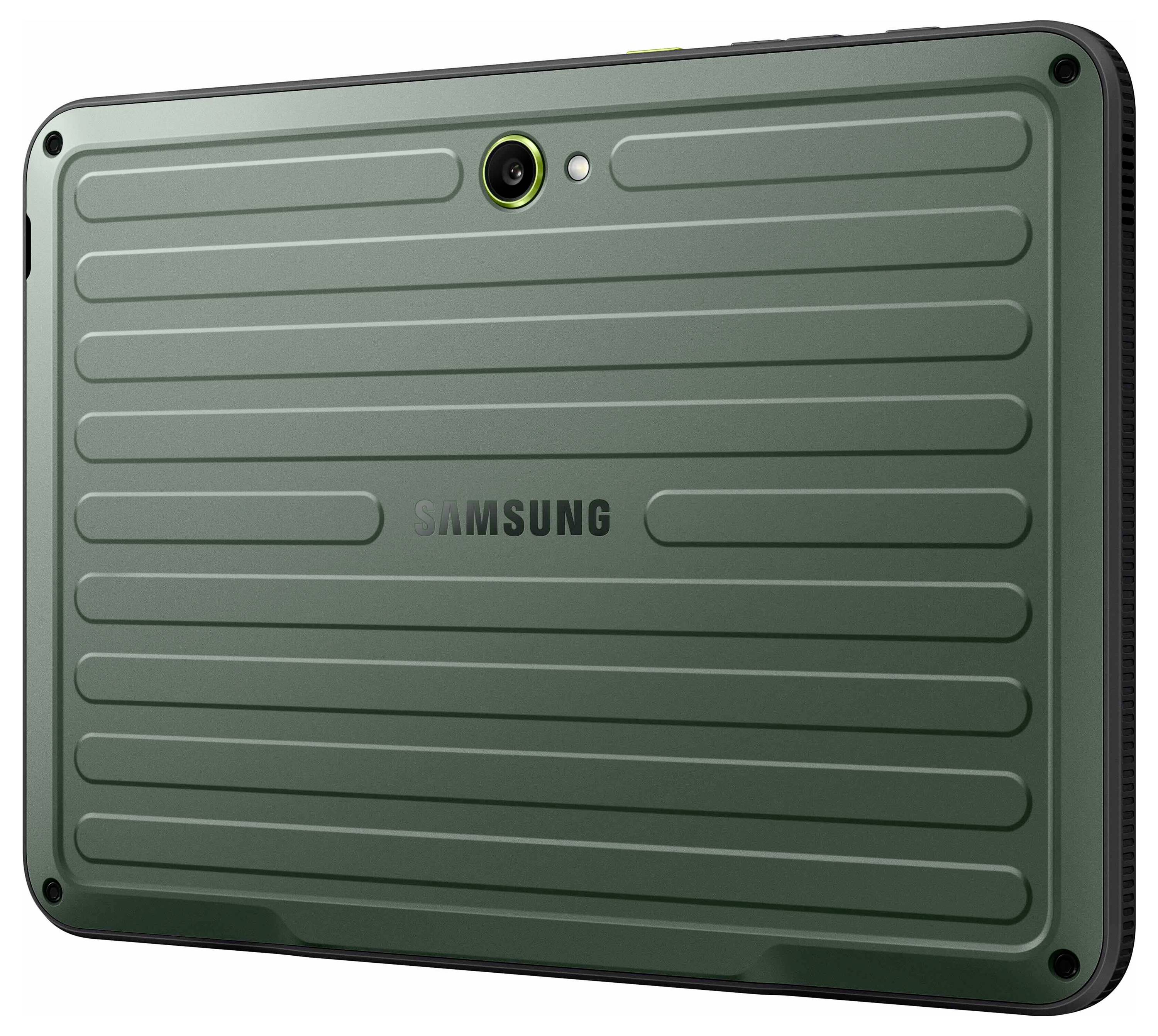 Achteraanzicht van een groen tablet met een beschermende behuizing en camera.