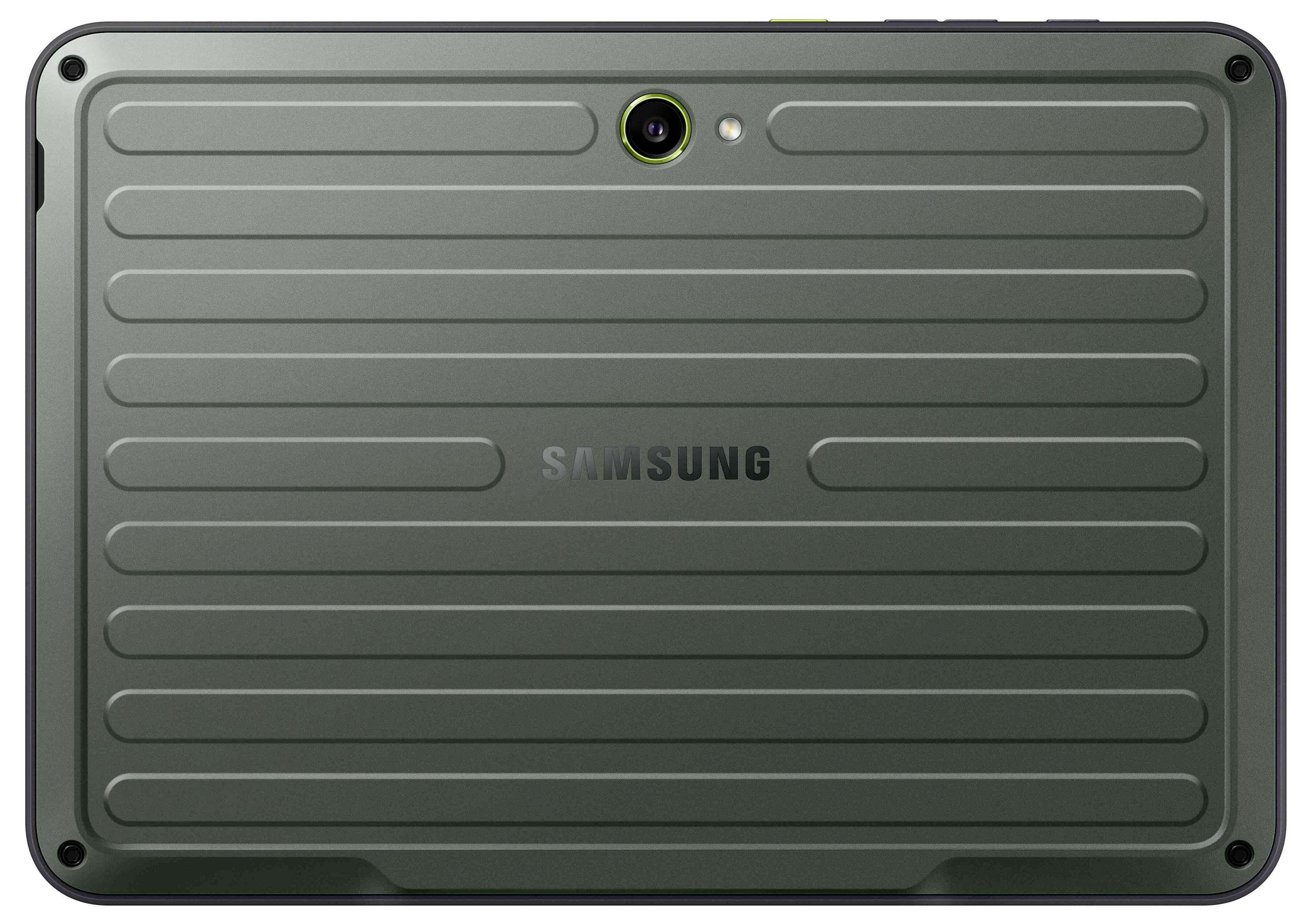 De achterkant van een groen tablet met robuust design en een cameralens in het midden. Merknaam pronkt prominent in het midden.