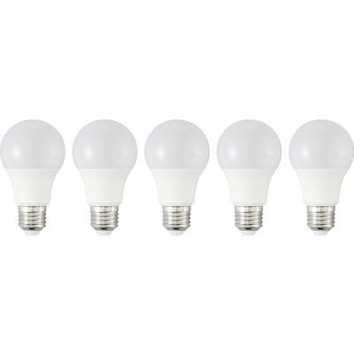 Vijf identieke LED-gloeilampen op een rij, gezien van opzij met zilveren voeten zichtbaar, tegen een witte achtergrond.