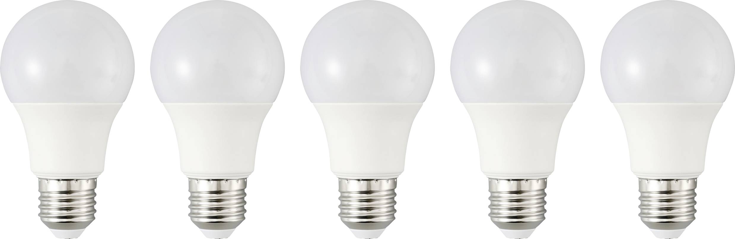 Vijf identieke LED-lampen op een rij, elk met een witte bol en een zilveren schroefvoet, die energiezuinigheid demonstreren.