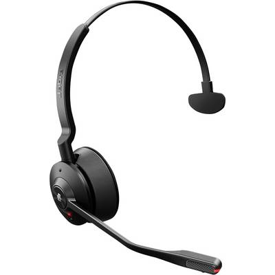 Draadloze zwarte headset met microfoonarm, geschikt voor telefonische vergaderingen en kantooromgevingen.