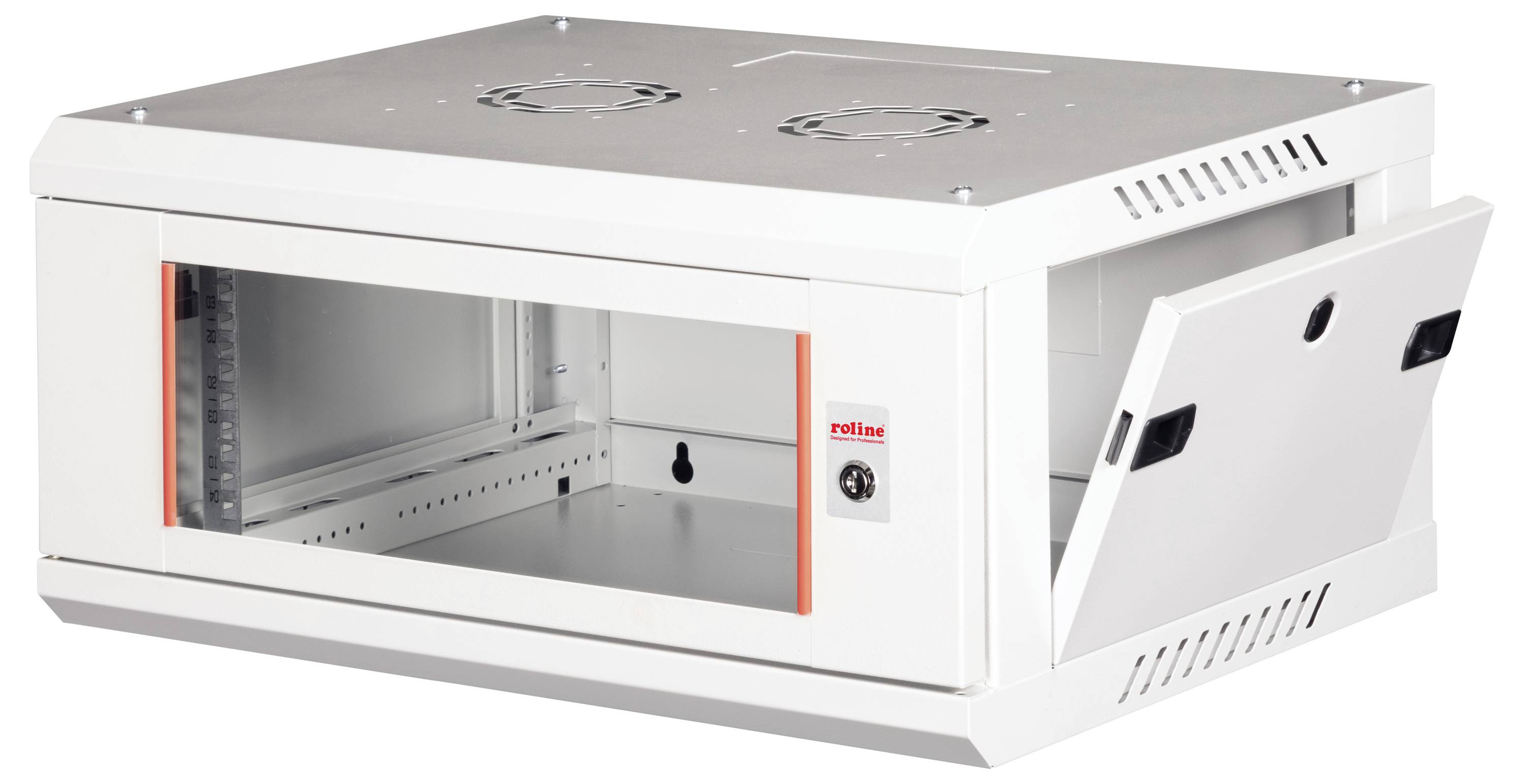 Een middelgrote witte metalen kast met een transparante voordeur, ventilatieventilatoren bovenop en een open zijpaneel, gebruikt voor het opbergen van elektronica.