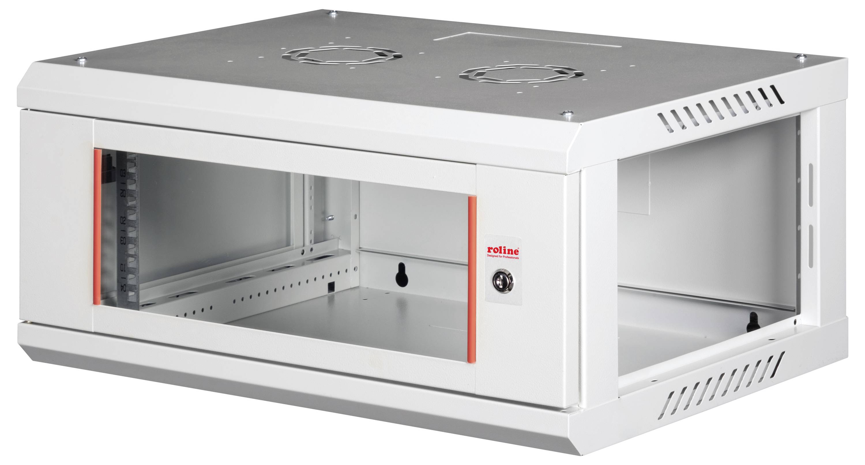 Een metalen serverkast met transparante voorkant, ventilatieopeningen aan de bovenzijde en zijdelingse toegangspanelen, ontworpen voor het huisvesten van elektronische apparatuur.