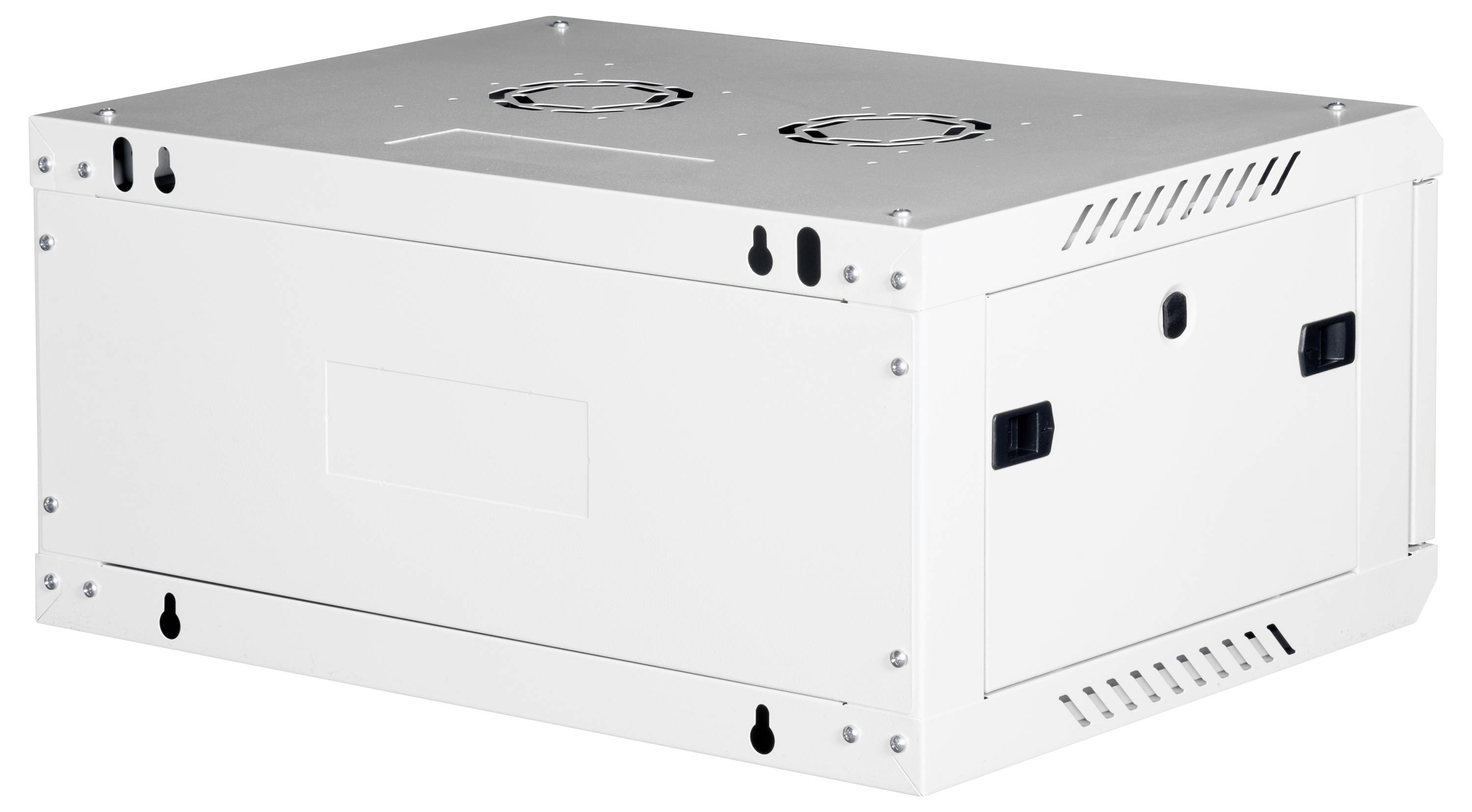 Een witte metalen serverrack behuizing met ventilatiesleuven en handgrepen aan de zijkanten.