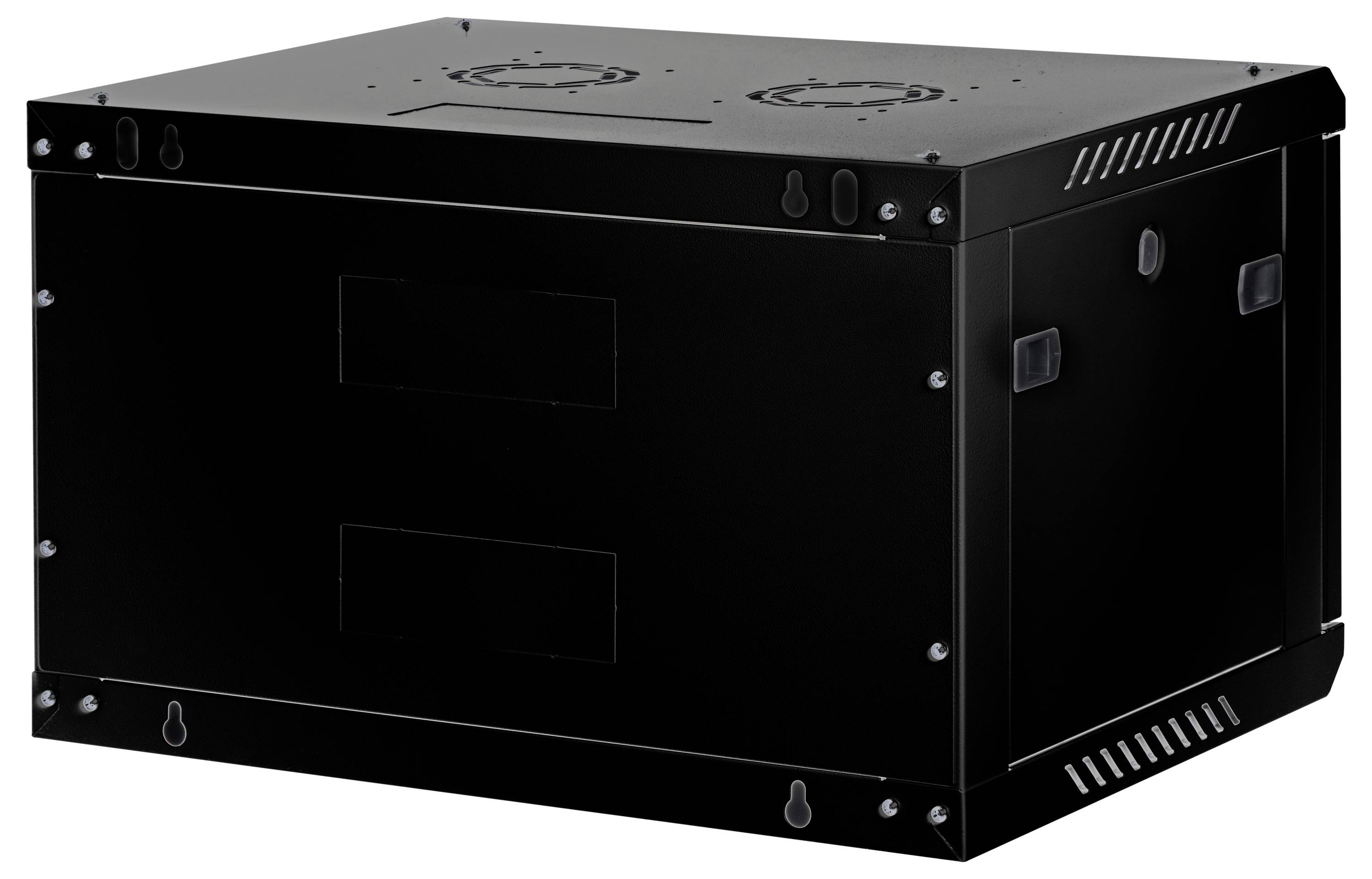 Een zwarte, rechthoekige serverrack met ventilatiesleuven aan de zij- en bovenpanelen, ontworpen voor het huisvesten van elektronische apparatuur.