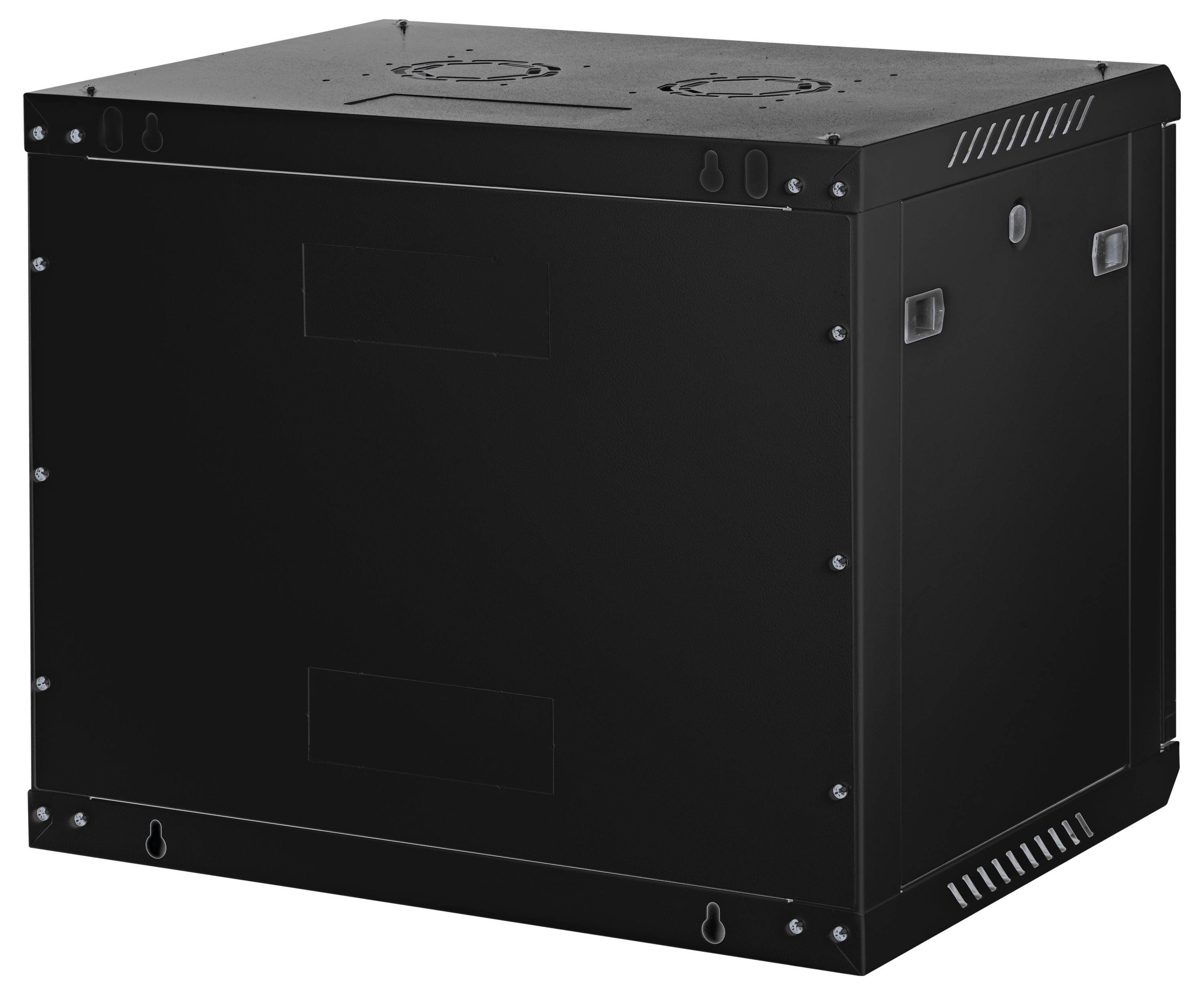 Een zwarte metalen serverkast met ventilatieopeningen en schroefbevestigingen, ontworpen voor het veilig monteren van netwerk- of IT-apparatuur.