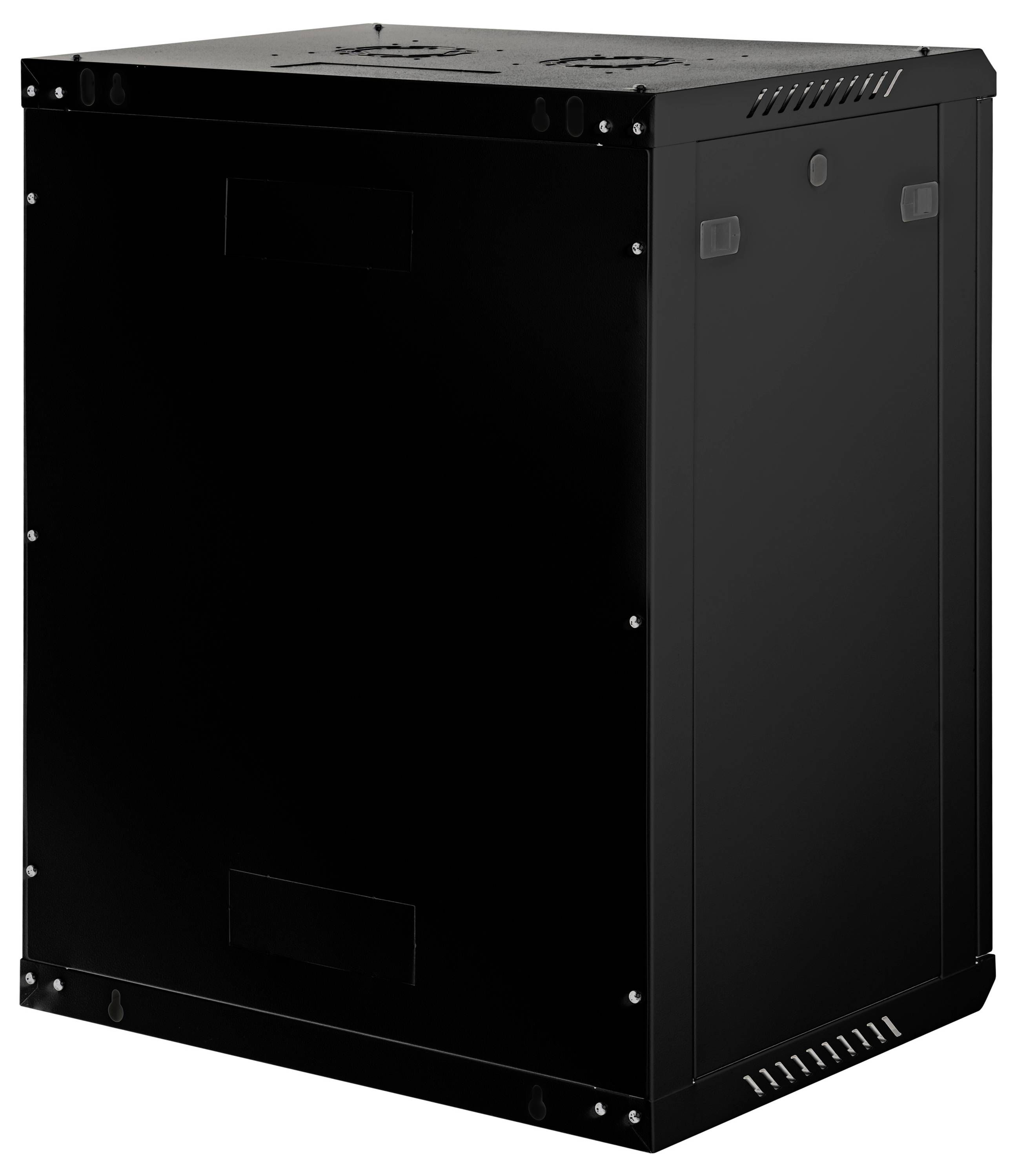 Een grote zwarte serverbehuizing met een strak design, voorzien van meerdere ventilatiesleuven aan de bovenkant en zijkanten, ontworpen voor efficiënte luchtstroom.
