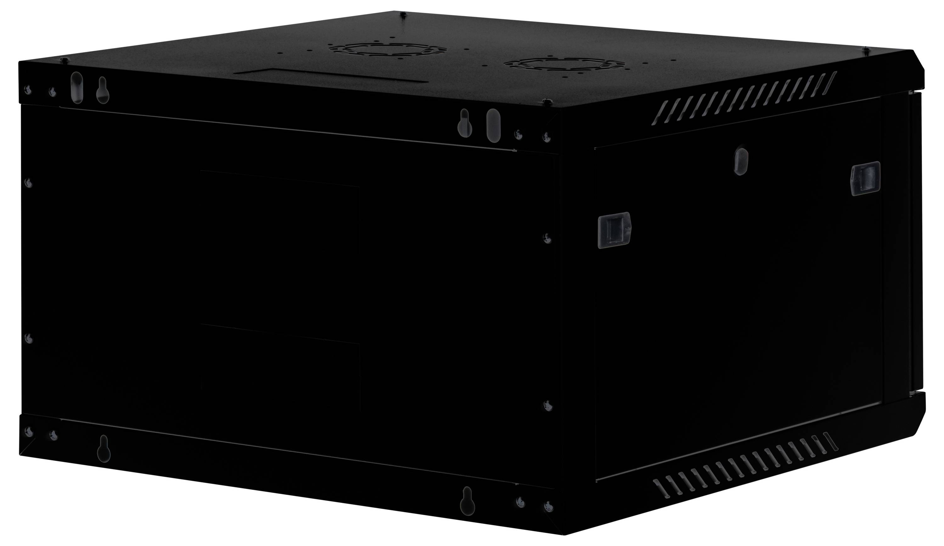 Een zwarte rechthoekige serverbehuizing met ventilatieopeningen aan de bovenkant en zijhandgrepen voor transport. De behuizing is gesloten en ongemerkt.
