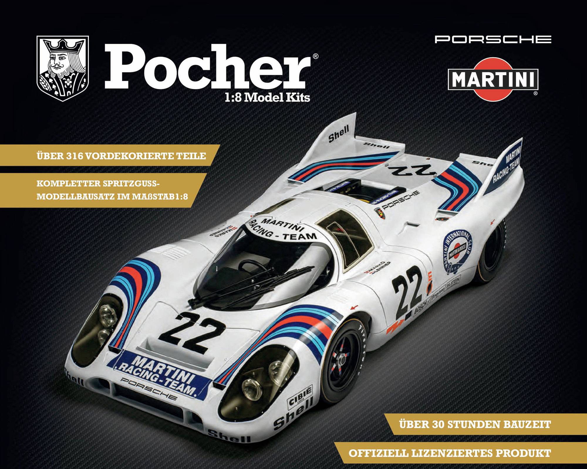Modelbouwset van een Porsche-racewagen op schaal 1:8, Martini-lakwerk, bevat meer dan 316 onderdelen en vereist meer dan 30 uur bouwtijd.