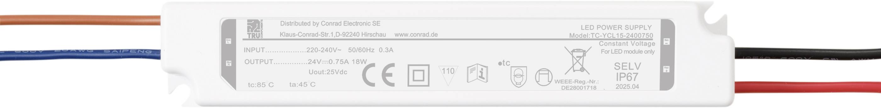 Een wit elektrisch apparaat met specificaties: 'Output: 20W 650mA 10-30V', CE- en RoHS-markeringen, en draadaansluitingen aan beide uiteinden.