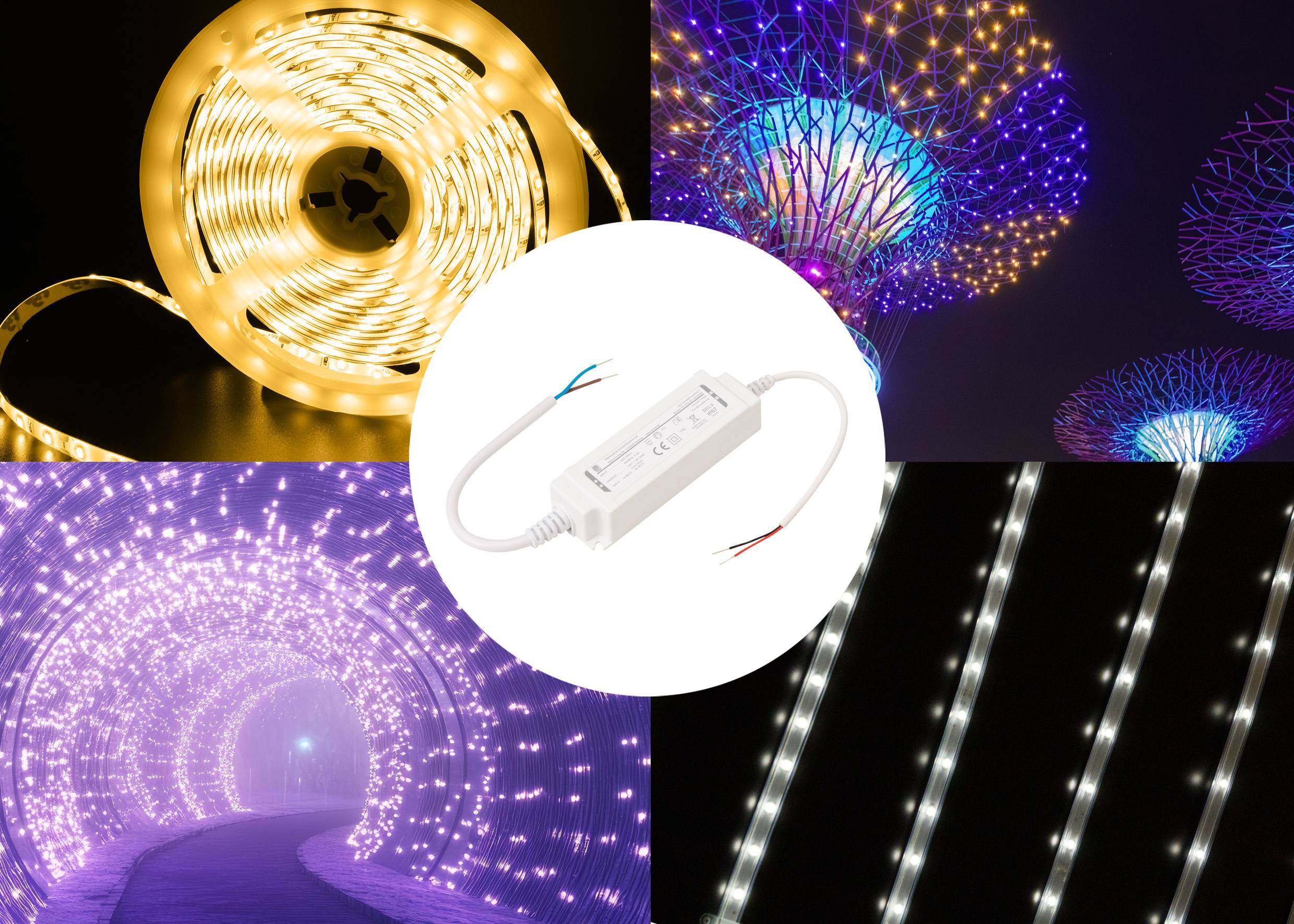 Een collage toont verschillende LED-verlichtingsopstellingen: een spoel met warme verlichting, koepelvormige structuren verlicht in blauw en paars, een lichtentunnel, en rechte witte lampen, met een centrale bedieningseenheid.