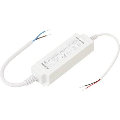 Een rechthoekige witte LED-driver met ingangs-/uitgangskabels, voorzien van technische specificaties en symbolen, gebruikt voor het voeden van LED-verlichting.