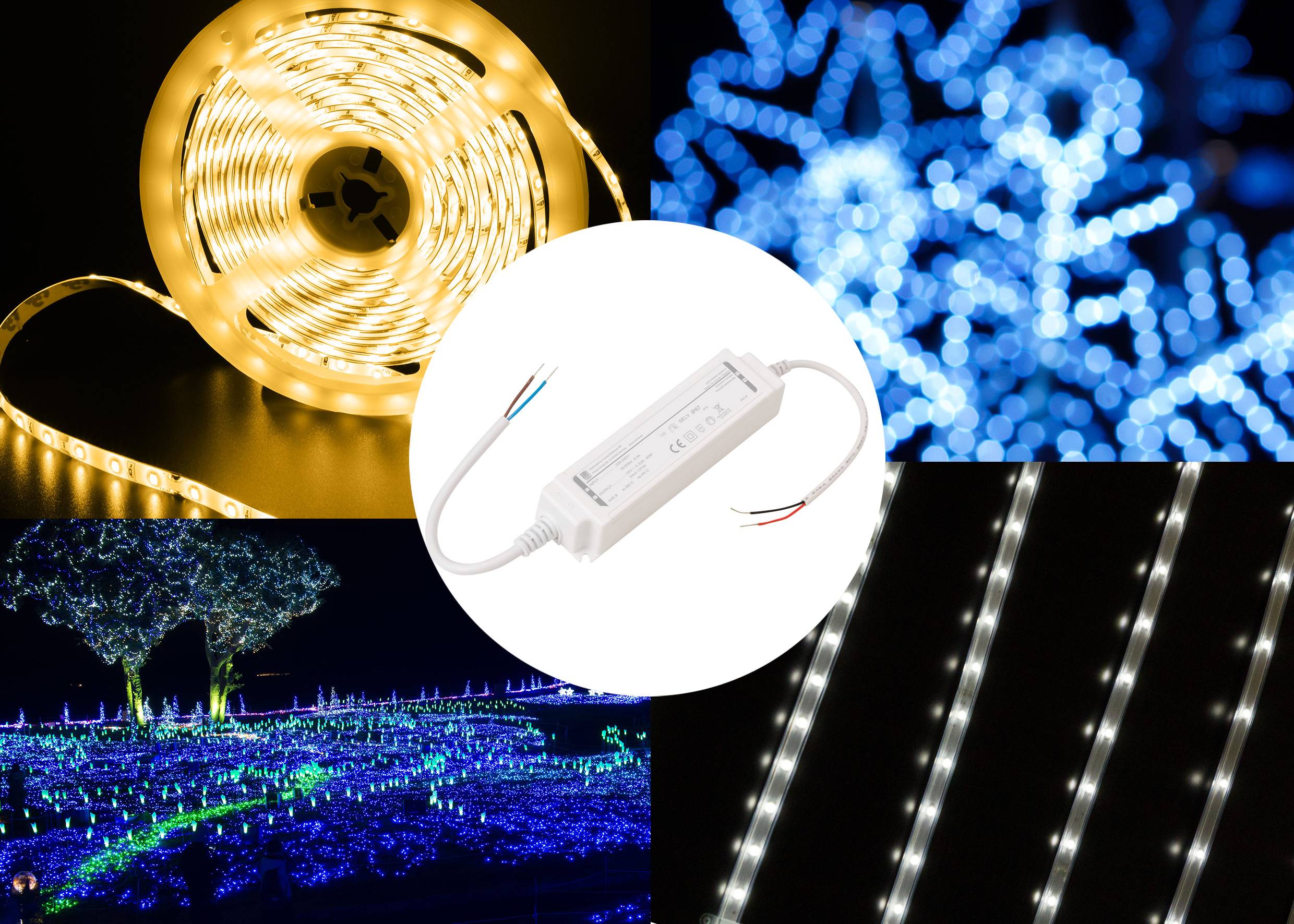 Collage van LED-verlichting, inclusief opgerolde lichtstrips, blauwe sneeuwvlokkenmotieven, feestelijke buitenverlichting en lineaire lichtstrips met een voeding in het midden.