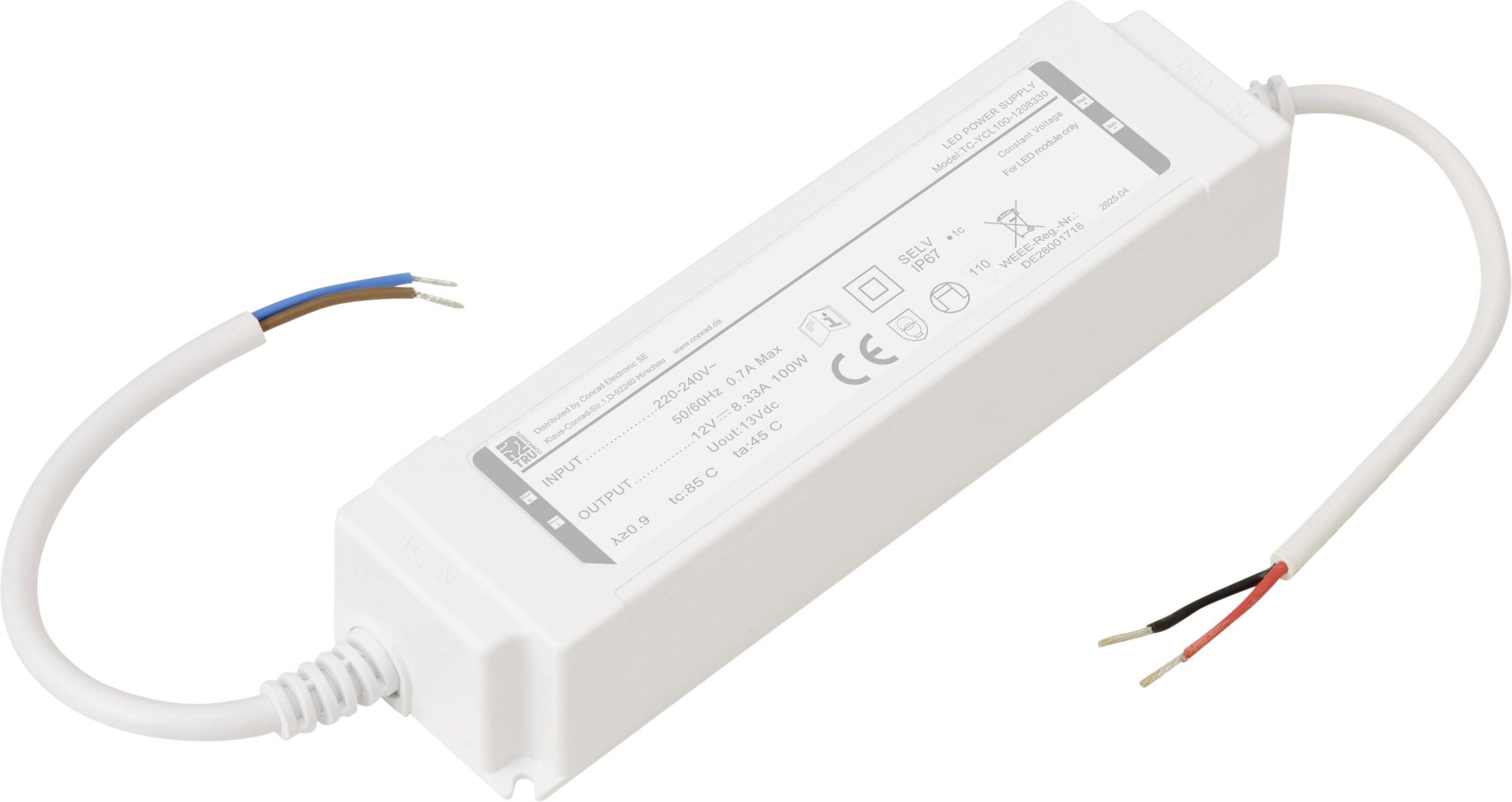 Rechthoekige LED-driver met ingangs- en uitgangskabels, voorzien van specificaties en certificeringslogo's op het label.